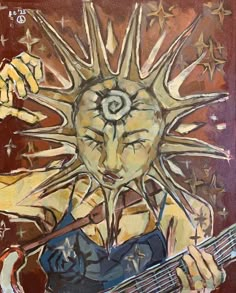 a painting of a person holding a guitar in front of their face with the sun above them