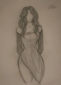 a drawing of a woman with long hair and no shirt on, standing in front of a white wall