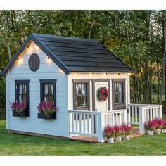 Whole Wood Playhouses Blackbird white with black trim corner view 8x8 Playhouse, Metal Terrace, Wooden Outdoor Playhouse, Luxury Playhouses, Wooden Flower Boxes, Playhouse Kits, Wood Playhouse, Loft Floor, Kids Door