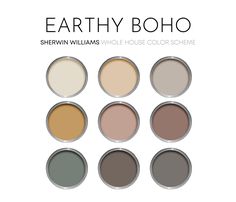 the earthy boho color palette is shown in six different shades, including neutrals and