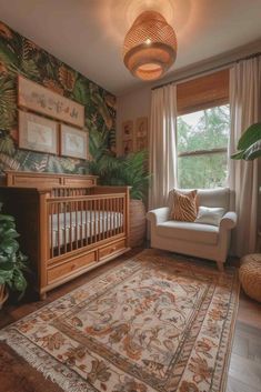 a baby's room with a crib, chair and rug in the corner