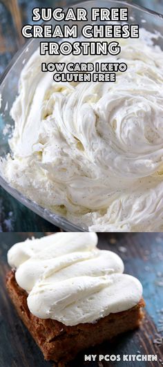 two pictures showing how to make sugar free cream cheese frosting on toasted bread