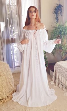 Modest Nightgown, Vintage Nightdress, Nightgown Romantic, Nightgown Cotton, Brussels Lace, Victorian Lingerie, Nightgown Long, Beautiful Nightgown, Sleeping Gown