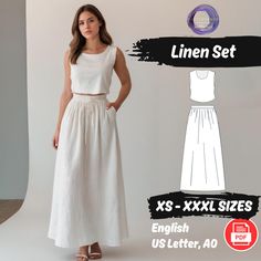 a woman standing in front of a white backdrop with the text linen set xs - xxxl sizes english us letter, 40