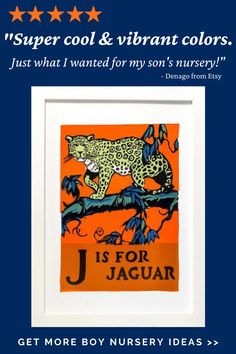 an orange and blue poster with the words j is for jaguar