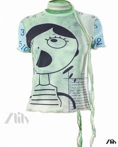 Zlily – Quirky Cartoon Character Print Slim Fit Short Sleeve Shirt Green Graphic Print Y2k Tops, Y2k Green Graphic Print Tops, Green Y2k Graphic Print Tops, Spring Fun Tops With Cartoon Print, Fun Cartoon Print Tops For Spring, Fun Cartoon Print Spring Tops, Y2k Graphic Print Tops For Spring, Casual Spring Tops With Cartoon Print And Short Sleeves, Spring Graphic Print Stretch Blouse