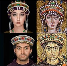 four different pictures of people wearing headdresses and tiaras, all in various colors