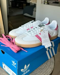 New adidas Samba in Pink and White Adidas Samba Pink Outfit, Pink Samba Outfit, Black And Pink Sambas, White Adidas Outfit, Light Pink Sambas, Pink And White Sambas, Adidas Samba Pink, Sambas Pink, Pink Sambas