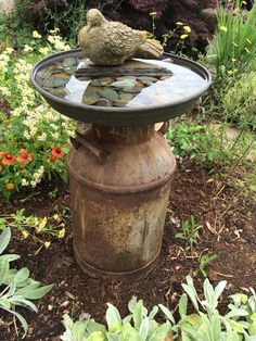 a bird bath sitting on top of a water fountain in the middle of a garden