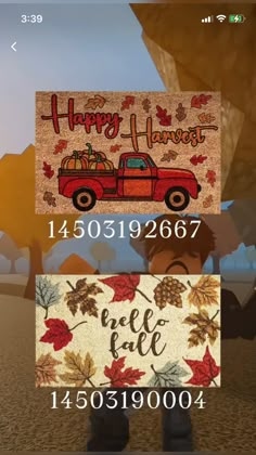 an animated image of a truck with autumn leaves on it and the words happy harvest