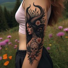 Horned Woman Tattoo, Lilith Tattoos For Women, Witch Sleeve Tattoo, Realism Snake Tattoo, Lilith Tattoo Ideas, Icon Wallpaper Aesthetic, Lilith Tattoo, Wicca Tattoo