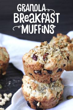 granola breakfast muffins stacked on top of each other with text overlay