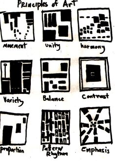 black and white drawing of different types of art