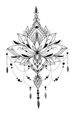 a black and white drawing of a flower with beads hanging from it's petals