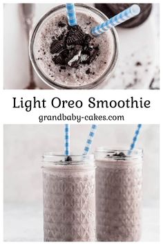 two glasses filled with chocolate oreo smoothie