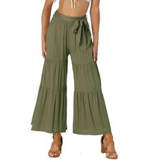 This pants fashioned with a ruffle hem and flowy wide legs,make it more loose and comfortable The flared leg trousers have over sized ruffling and an elastic waist for easy movement.In these sultry yet comfortable wide-leg pants, catch the breeze and plenty of double takes. Flowy wide-leg pants with an elastic waist cinched by an attached tie belt make these pants more distinctive and attention-grabbing.The relaxed fit and butterfly hem make them a great choice for spring and summer closets. Mea Flowy Wide Leg Pants, Wide Leg Palazzo Pants, Belt Tying, Flowy Pants, Womens Tie, Palazzo Pants, Ruffle Hem, Fashion Pants, Wide Leg Pants