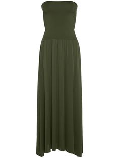 olive green stretch-design strapless pleat detailing A-line skirt maxi straight hem Green Pleated Floor-length Maxi Dress, Olive Fitted Maxi Dress, Chic Olive Maxi Length Dress, Elegant Green Stretch Maxi Skirt, Green Elegant A-line Maxi Skirt, Elegant Green Maxi Dress, Green Flowy Maxi Dress, Fitted Olive Elegant Maxi Dress, Green Evening Maxi Skirt For Summer