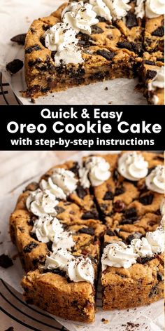 an oreo cookie cake with chocolate chips and whipped cream on top