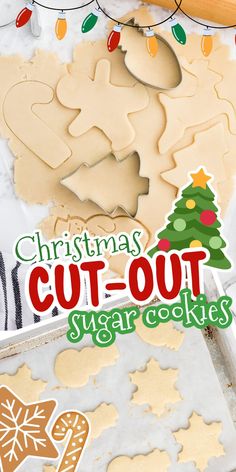 christmas cut - out sugar cookies on a cookie sheet with the title overlaying