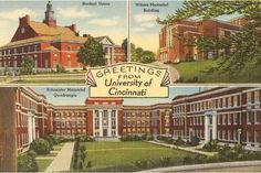 an old postcard shows the front and back views of university buildings, from 1950 to 1960