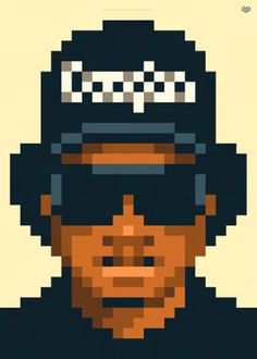 a pixel art poster with a man wearing a police hat and sunglasses on his head