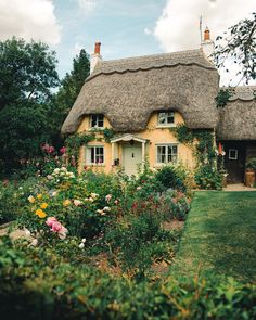 a thatched roof house surrounded by flowers and greenery