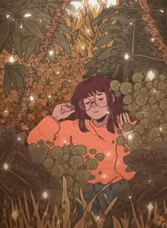 a woman in an orange shirt is surrounded by plants and trees, with her eyes closed