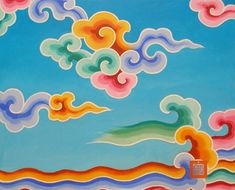 a painting of clouds and water on a blue sky with orange, pink, green, yellow and red colors