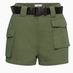 New With Tags Army Green With Cargo Style Pockets And Black Belt Utility High Waist Shorts With Belt Loops, High Waist Utility Shorts With Belt Loops, Summer Outdoor Cargo Pants With Belt Loops, Utility Short Pants With Belt Loops, Casual Short Cargo Pants With Belt Loops, Utility Style Short Pants With Belt Loops, High Waist Casual Cargo Shorts, High Waist Casual Cargo Style Shorts, Casual High-waist Cargo Shorts