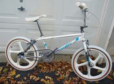 a white and blue bicycle parked in front of a garage door with leaves on the ground