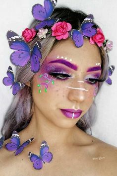 Purple Fairy Makeup, Fairy Makeup Ideas, Fairy Costume Makeup, Fairy Eye Makeup, Fairy Halloween Makeup, Dark Purple Lips, Halloween Makeup Artist, Mystical Halloween, Mystical Fairy