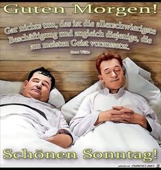 two men laying in bed with the caption'gutten morgenn '