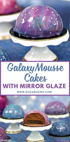 galaxy mouse cakes with mirror glaze on plates