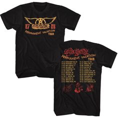 Our Aerosmith concert t-shirt is from the band's Permanent Vacation Tour which was performed to support the Permanent Vacation album. With the hits Dude (Looks Like a Lady), Angel and Rag Doll, the album became one of the band’s most successful releases. Made from 100% black cotton with distressed graphics, this men's unisex tee spotlights Aerosmith Permanent Vacation Tour '87 '88, on the front, while the back lists the tour’s cities & dates. #aerosmith #mensfashion #bandtees #rockerrags Permanent Vacation, Classic Artwork, Aerosmith, Tour T Shirts, Rock Music, Black Shirt, Dates