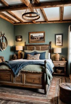 a bed sitting in a bedroom next to a wooden dresser and lamp on top of a rug