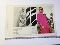 an old fashion magazine ad featuring two women in pink dresses and one wearing a black and white striped dress