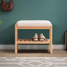 a pair of shoes sitting on top of a wooden shoe rack next to a green wall