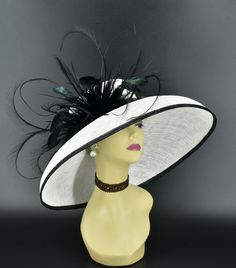 "✿*.Key Features.*✿ This is a Audrey Hepburn Style Hat with jumbo special feathers. 19.75\"(50cm) extra wide brim, the widest stiff brim hat in my store! It's very beautiful. Great for Kentucky derby, weddings, church, Easter, Royal Ascot, horse races, cocktails, tea party, or any hat wearing occasion. Hat base size: From front to back: 19.75\" (50cm) From left to right: 19.75\" (50cm) Wide brim Appr: 7~7.5\"\" Head girth: 22.5\"(57cm), adjustable string inside to make smaller to fit your head. Madam Pompadour, Audrey Hepburn Hat, Special Occasion Hats, Sinamay Hat, Horse Races, Sinamay Hats, Audrey Hepburn Style, Women Hats, A Hat In Time