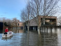 two people in a small boat surrounded by flood waters and bare tree'd branches