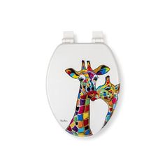 a toilet with a colorful giraffe design on the front and side panels,