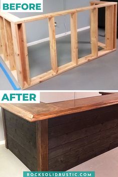 the before and after shots of a wooden desk with glass doors on top, in an unfinished room