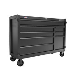 a black toolbox with wheels on it