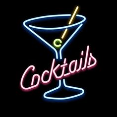 a neon sign that says cocktails with a drink in the glass and a straw sticking out of it