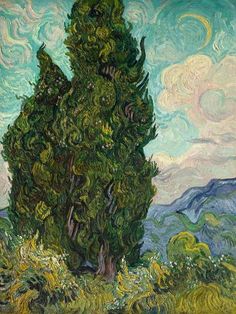 a painting of two trees in front of a cloudy sky