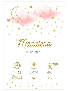 the birth card for madalena, with gold stars and clouds on pink watercolor paper