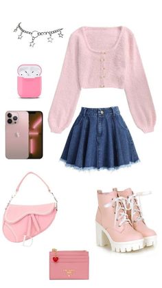 Pink Outfits With Skirts, Pink Girly Outfits Casual, Cute Pink Outfit Ideas, Kpop Pink Outfit, Girly Outfits Jeans, Y2k Outfits Skirt, Casual Outfits Pink, Pink And Blue Outfits, Pink Outfits Ideas