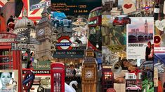 a collage of london, big ben and red telephone booths