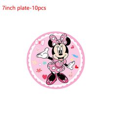 a pink minnie mouse sticker on top of a white background with the words, 7 inch plate - tops