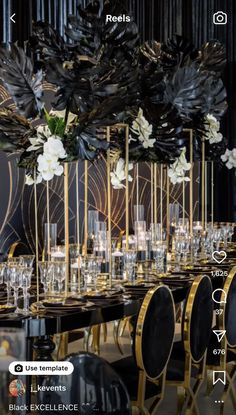 the table is set with gold and black chairs