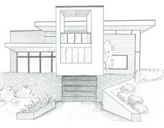 a drawing of a house with stairs leading up to it